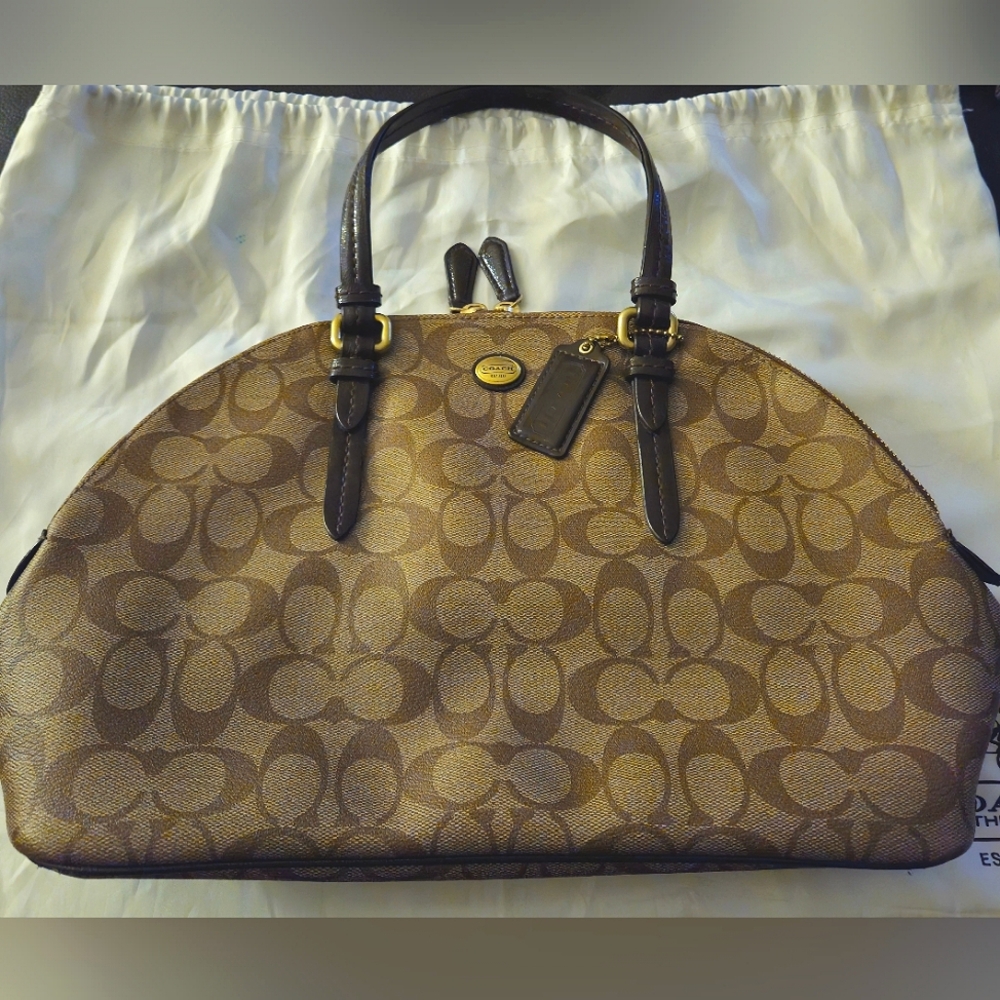 Coach Peyton Cora F24606 Tan Signature Coated Canvas Domed Satchel Shoulder Bag